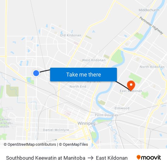 Southbound Keewatin at Manitoba to East Kildonan map