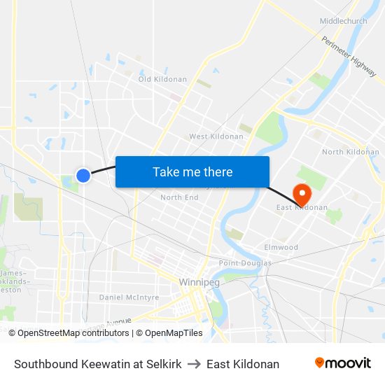 Southbound Keewatin at Selkirk to East Kildonan map