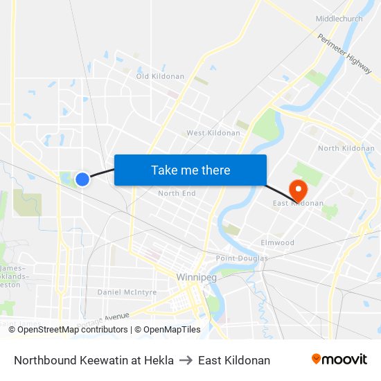 Northbound Keewatin at Hekla to East Kildonan map