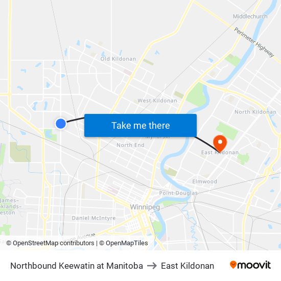 Northbound Keewatin at Manitoba to East Kildonan map