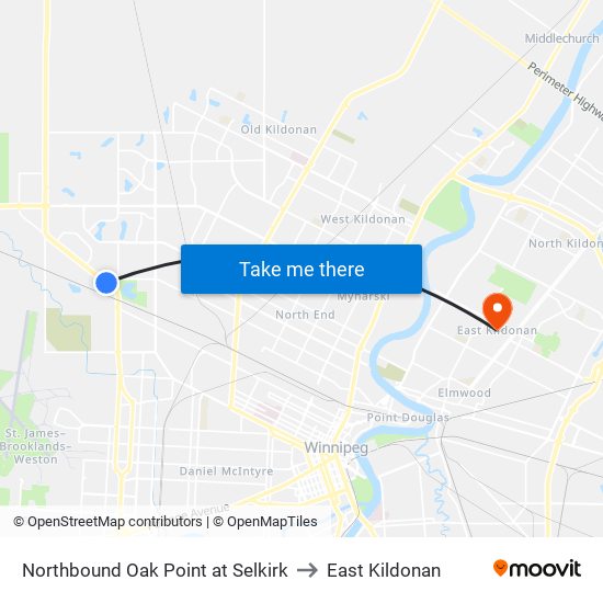 Northbound Oak Point at Selkirk to East Kildonan map