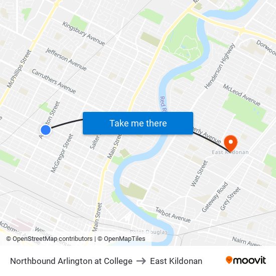 Northbound Arlington at College to East Kildonan map