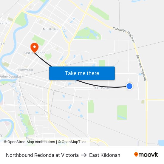 Northbound Redonda at Victoria to East Kildonan map