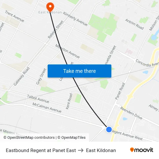 Eastbound Regent at Panet East to East Kildonan map
