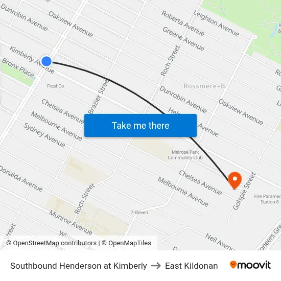Southbound Henderson at Kimberly to East Kildonan map