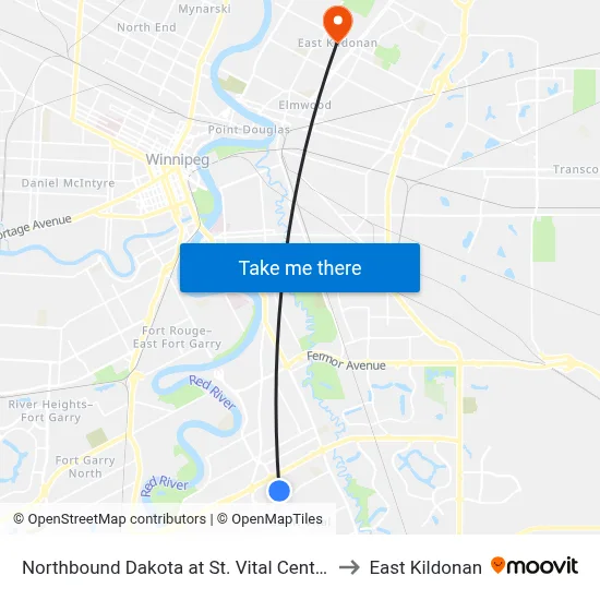 Northbound Dakota at St. Vital Centre to East Kildonan map