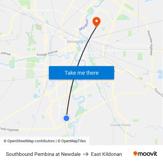 Southbound Pembina at Newdale to East Kildonan map