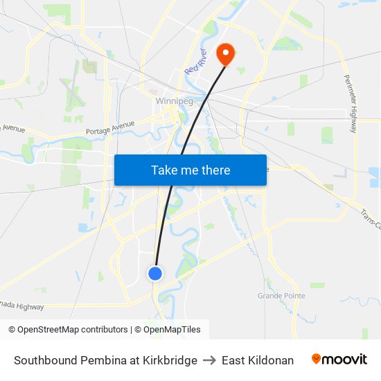 Southbound Pembina at Kirkbridge to East Kildonan map