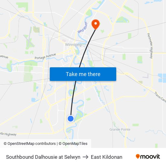 Southbound Dalhousie at Selwyn to East Kildonan map