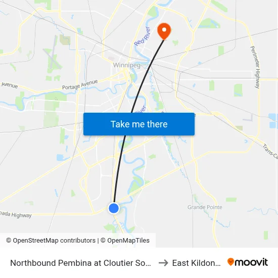 Northbound Pembina at Cloutier South to East Kildonan map