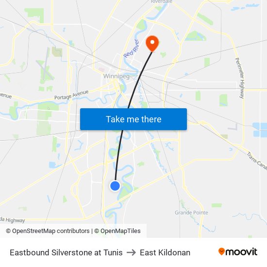 Eastbound Silverstone at Tunis to East Kildonan map