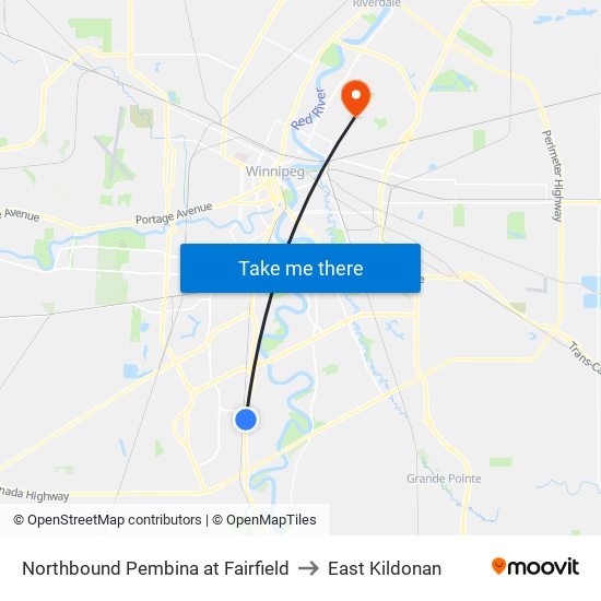 Northbound Pembina at Fairfield to East Kildonan map