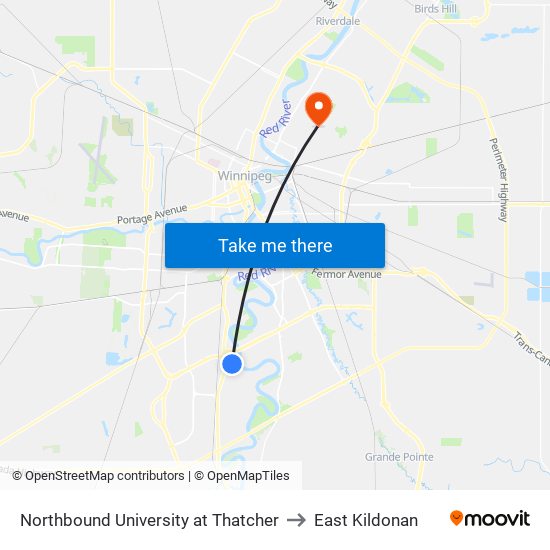 Northbound University at Thatcher to East Kildonan map
