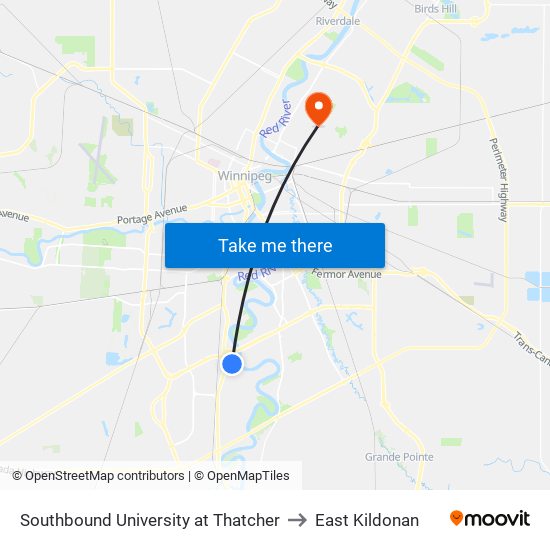 Southbound University at Thatcher to East Kildonan map