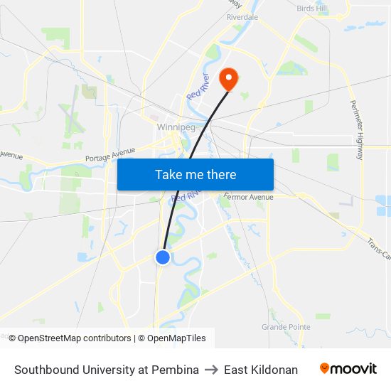 Southbound University at Pembina to East Kildonan map