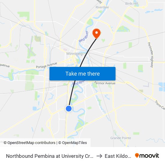 Northbound Pembina at University Crescent to East Kildonan map