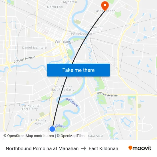 Northbound Pembina at Manahan to East Kildonan map