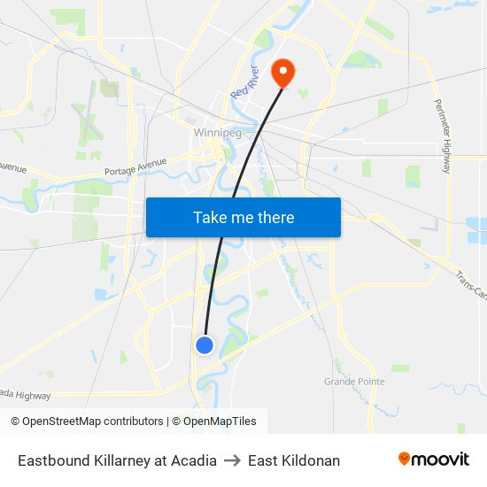 Eastbound Killarney at Acadia to East Kildonan map