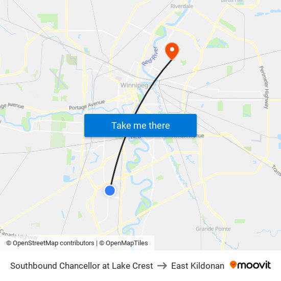 Southbound Chancellor at Lake Crest to East Kildonan map