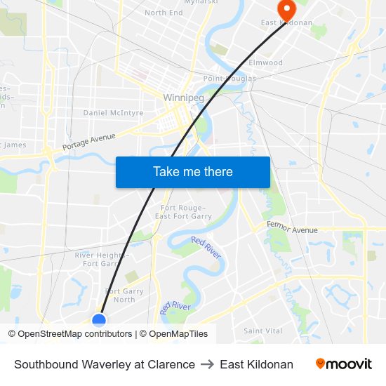 Southbound Waverley at Clarence to East Kildonan map