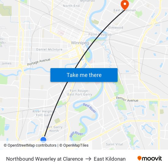 Northbound Waverley at Clarence to East Kildonan map