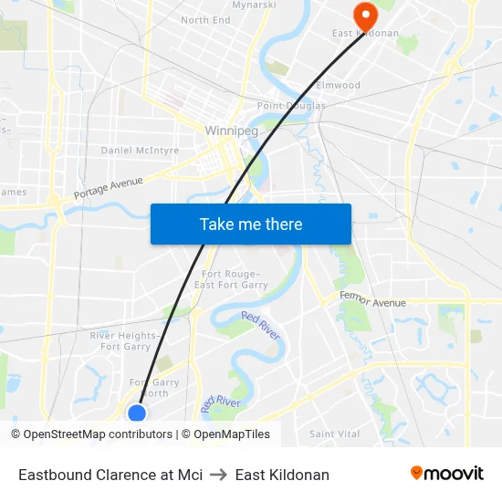 Eastbound Clarence at Mci to East Kildonan map