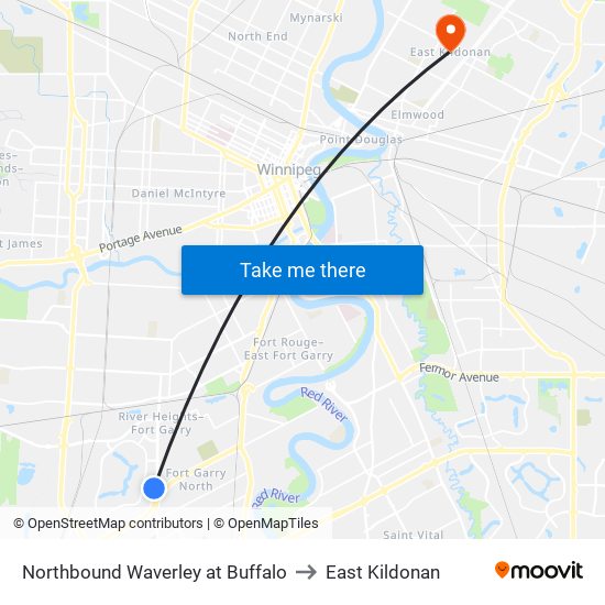 Northbound Waverley at Buffalo to East Kildonan map