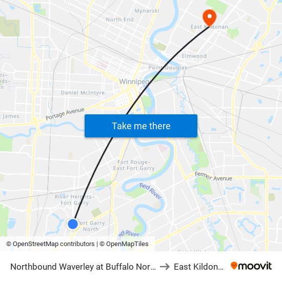 Northbound Waverley at Buffalo North to East Kildonan map