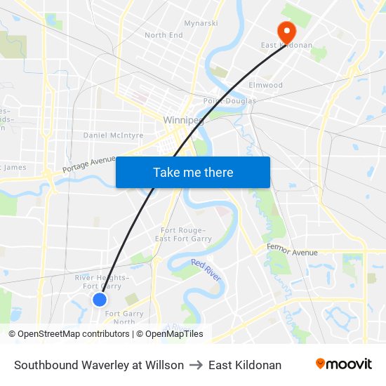 Southbound Waverley at Willson to East Kildonan map