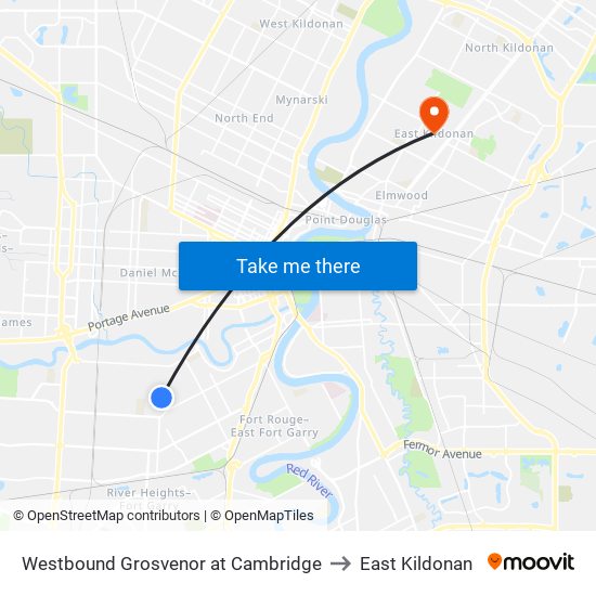 Westbound Grosvenor at Cambridge to East Kildonan map