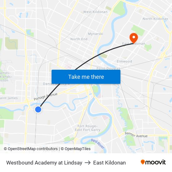 Westbound Academy at Lindsay to East Kildonan map