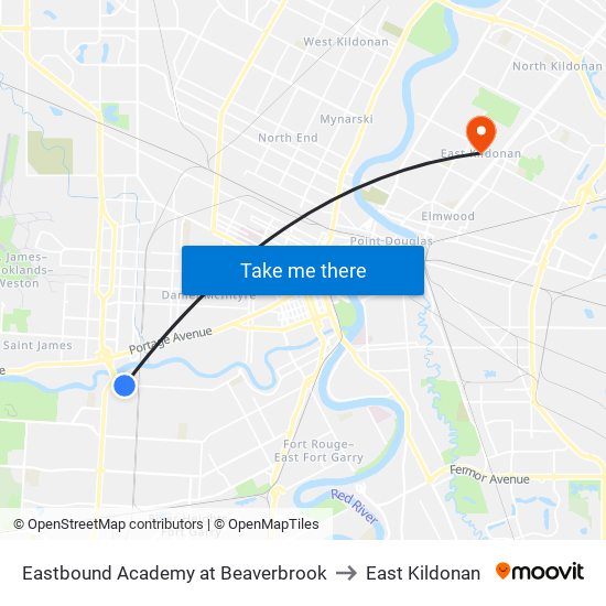 Eastbound Academy at Beaverbrook to East Kildonan map