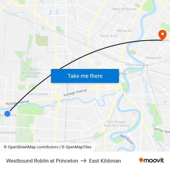 Westbound Roblin at Princeton to East Kildonan map