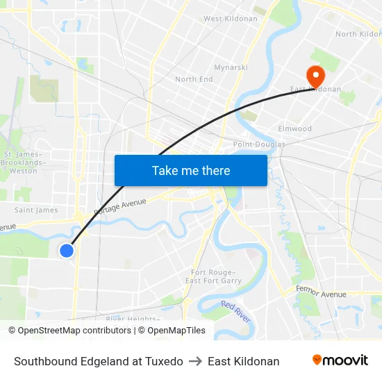 Southbound Edgeland at Tuxedo to East Kildonan map