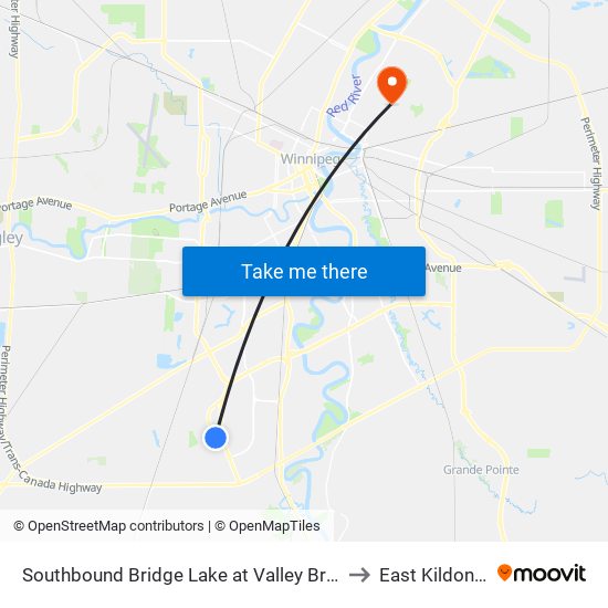 Southbound Bridge Lake at Valley Brook to East Kildonan map