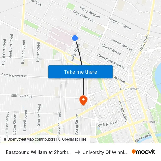 Eastbound William at Sherbrook to University Of Winnipeg map