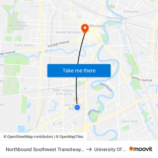 Northbound Southwest Transitway at Clarence Station to University Of Winnipeg map