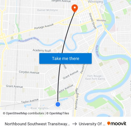 Northbound Southwest Transitway at Beaumont Station to University Of Winnipeg map