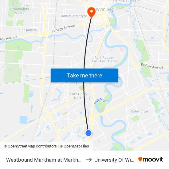 Westbound Markham at Markham Station to University Of Winnipeg map