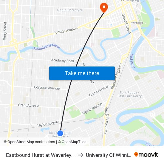 Eastbound Hurst at Waverley East to University Of Winnipeg map