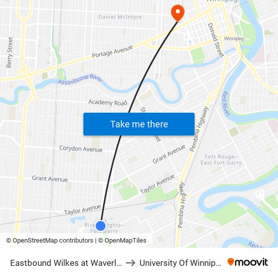 Eastbound Wilkes at Waverley to University Of Winnipeg map