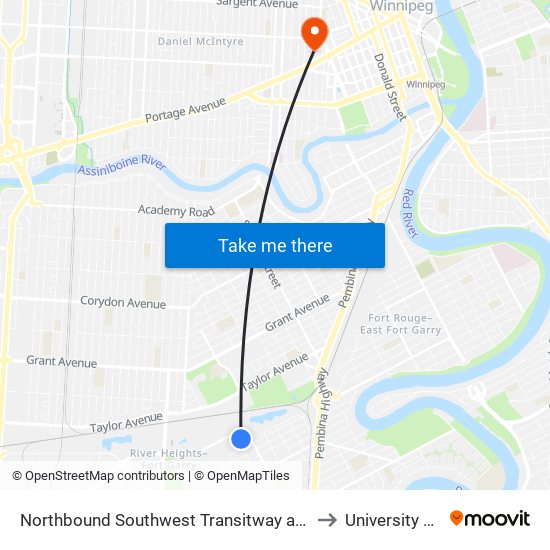 Northbound Southwest Transitway at Beaumont Station (Route 29) to University Of Winnipeg map