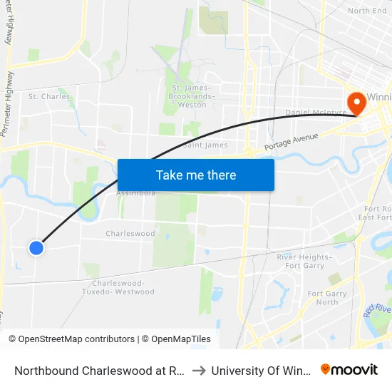 Northbound Charleswood at Rannock to University Of Winnipeg map