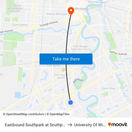 Eastbound Southpark at Southpark Station to University Of Winnipeg map