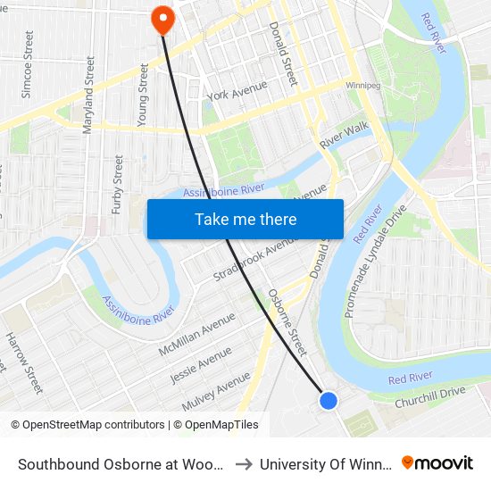 Southbound Osborne at Woodward to University Of Winnipeg map