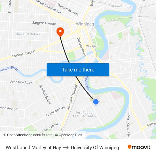 Westbound Morley at Hay to University Of Winnipeg map