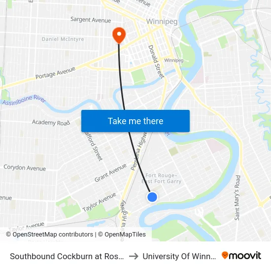 Southbound Cockburn at Rosedale to University Of Winnipeg map