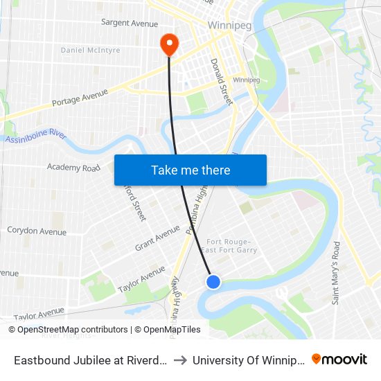 Eastbound Jubilee at Riverdale to University Of Winnipeg map