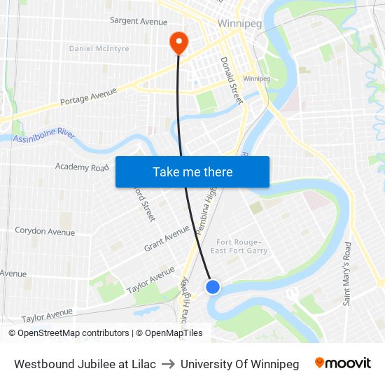 Westbound Jubilee at Lilac to University Of Winnipeg map