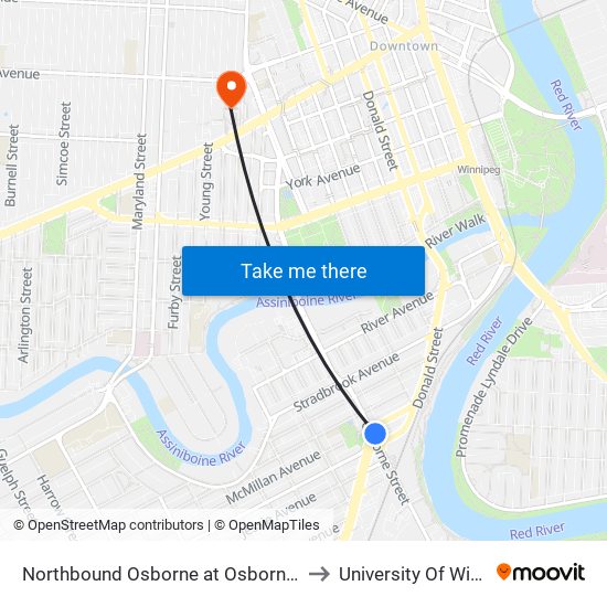 Northbound Osborne at Osborne Junction to University Of Winnipeg map